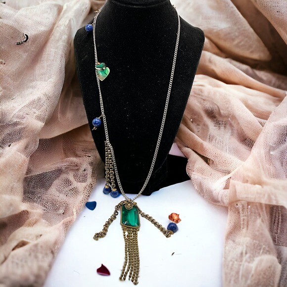 Hearts Charms Green Rectangle Glass Pendant Blue Sodalite Beads Chain Necklace! - Picture 2 of 8